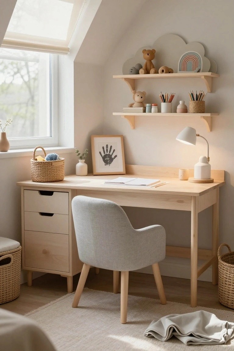 Light wooden desk with drawers and open shelves above holding stuffed animals, books, and art supplies, paired with a gray upholstered chair in a white room with sloped ceiling, skylight, and window.