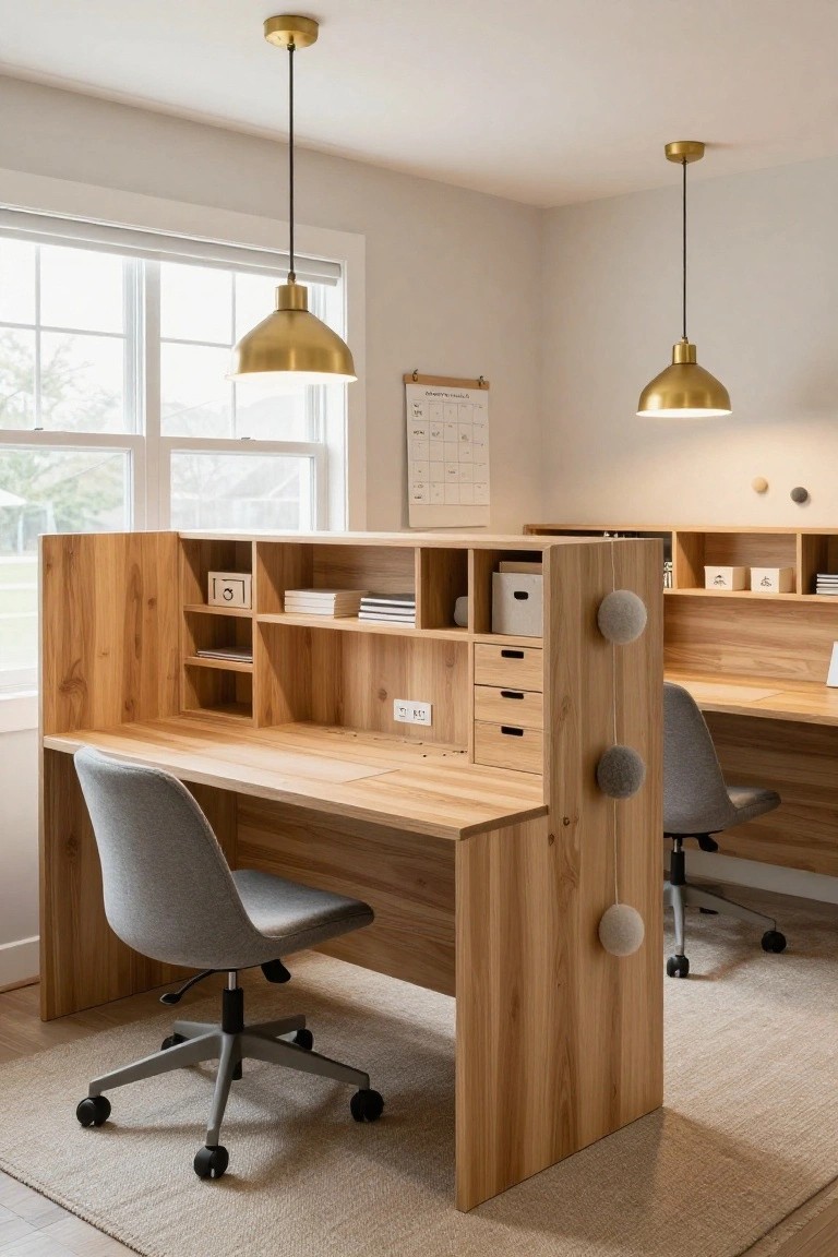 Home office with two facing light wood built-in desks, integrated shelving and drawers, gray swivel chairs, gold pendant lights, and a window with blinds.