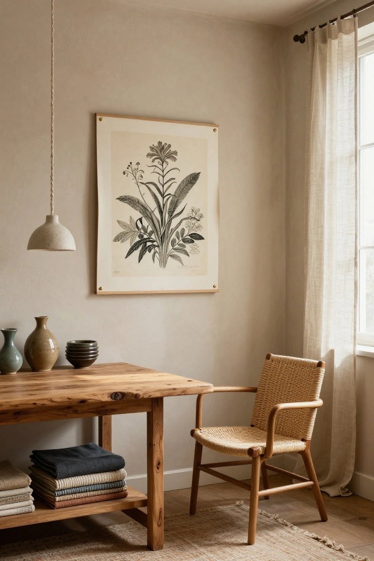 Beige corner room with a rustic wooden desk holding green and beige ceramics, stacked neutral fabrics on lower shelf, rattan armchair beside it, large botanical line drawing on wall, textured pendant light overhead, sheer curtains on window.