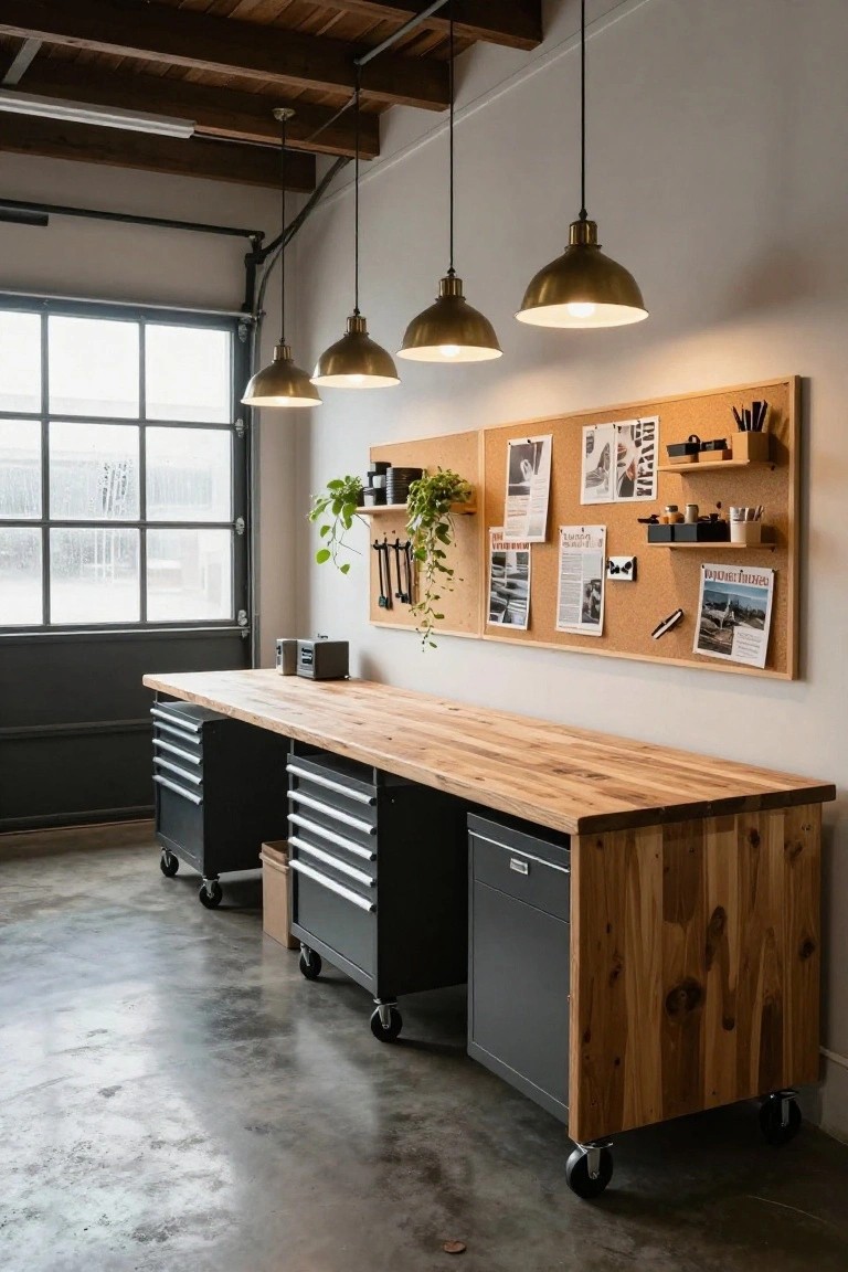 Long wooden workbench on black metal cabinets with drawers and casters in a garage-style room, with a cork bulletin board on the wall holding notes and organizers, pendant lights overhead, and a large window nearby.