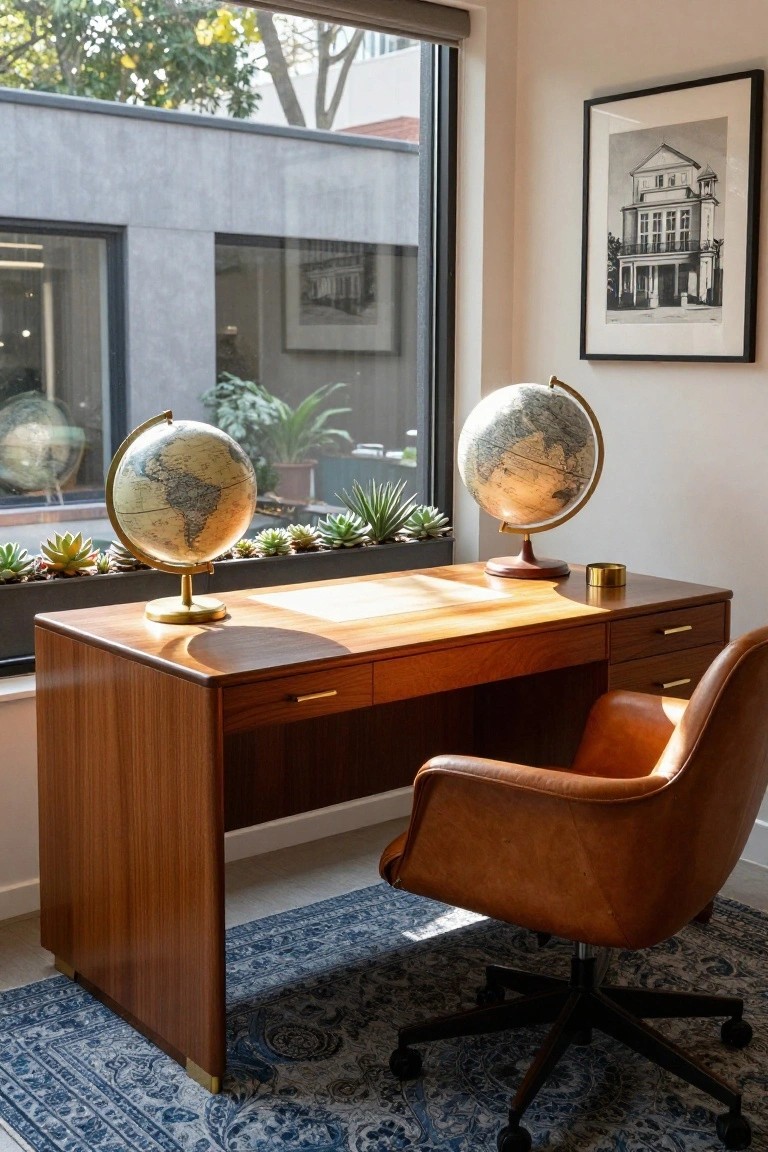 Wooden desk with drawers and brass accents in a bright office room, tan leather swivel chair pulled up, two brass globes on the desk top, large window showing outdoor plants and another globe beyond, blue rug on floor.