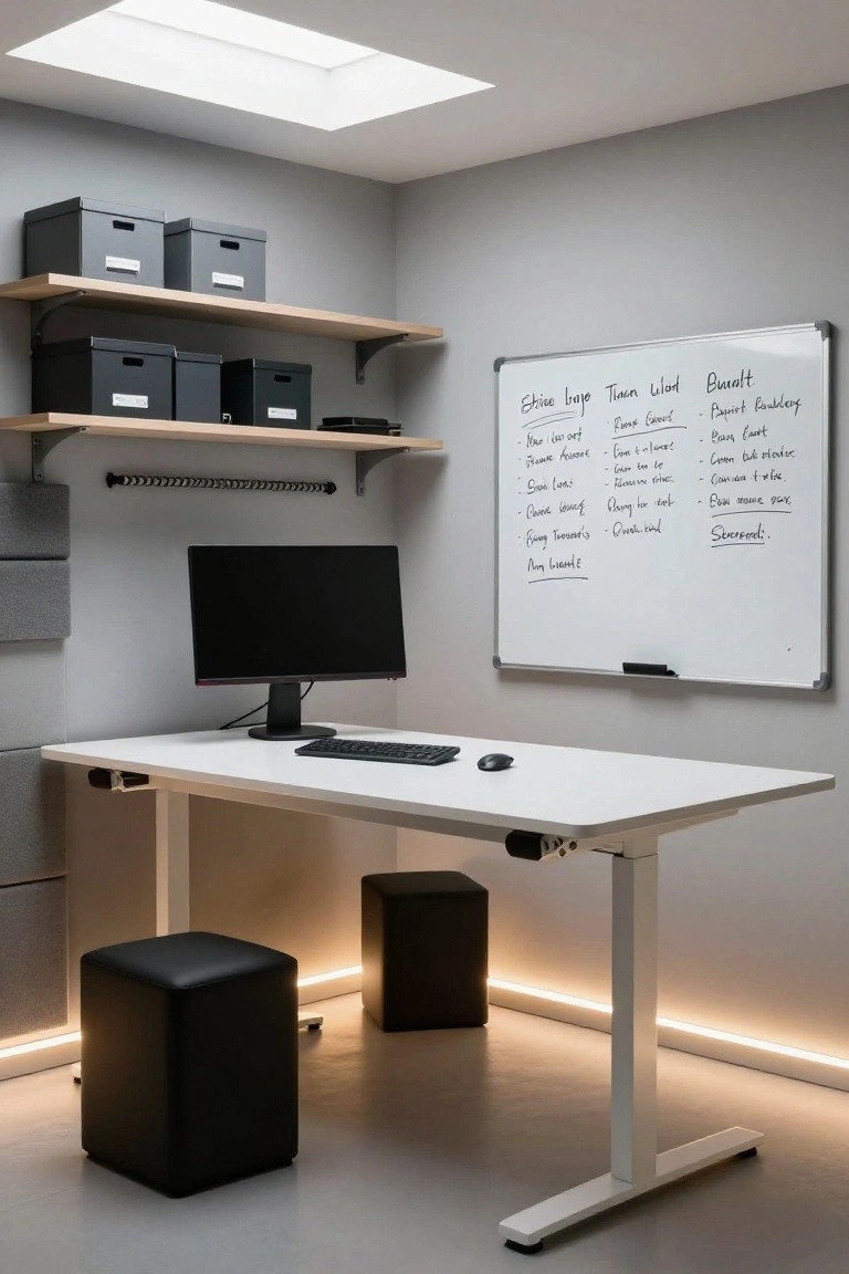 Gray home office with height-adjustable white desk, black monitor screen, keyboard, black pouf stool, wall-mounted whiteboard listing handwritten names, wooden shelves holding black storage boxes, and LED strip lighting along the baseboards.