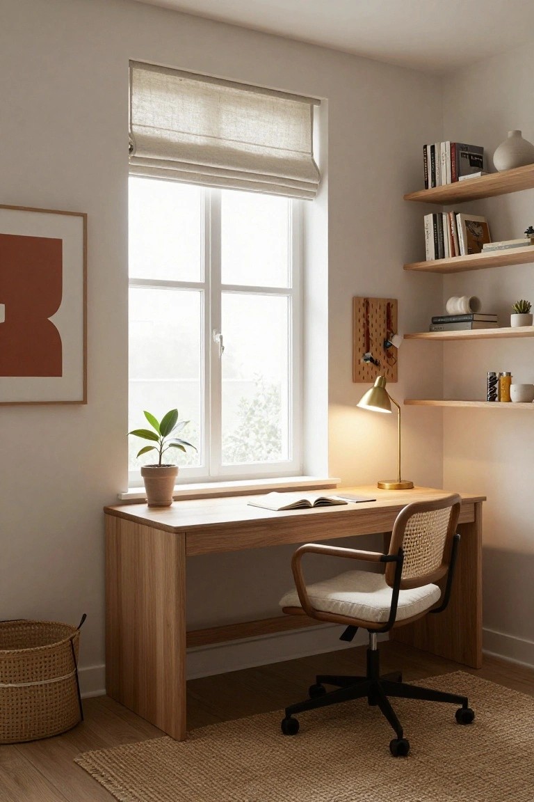 Home office corner with light wooden desk holding an open book, rattan chair with white cushion, floating wooden shelves with books, vase, lamp, and small plants, brass desk lamp, potted plant near window with linen roller blind, and woven basket on floor.