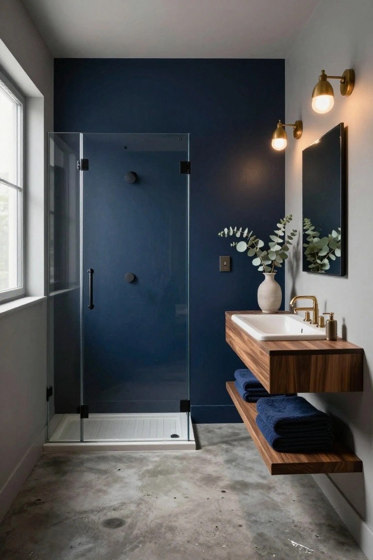 Deep navy wall behind a glass shower in a modern bathroom with floating wood vanity.