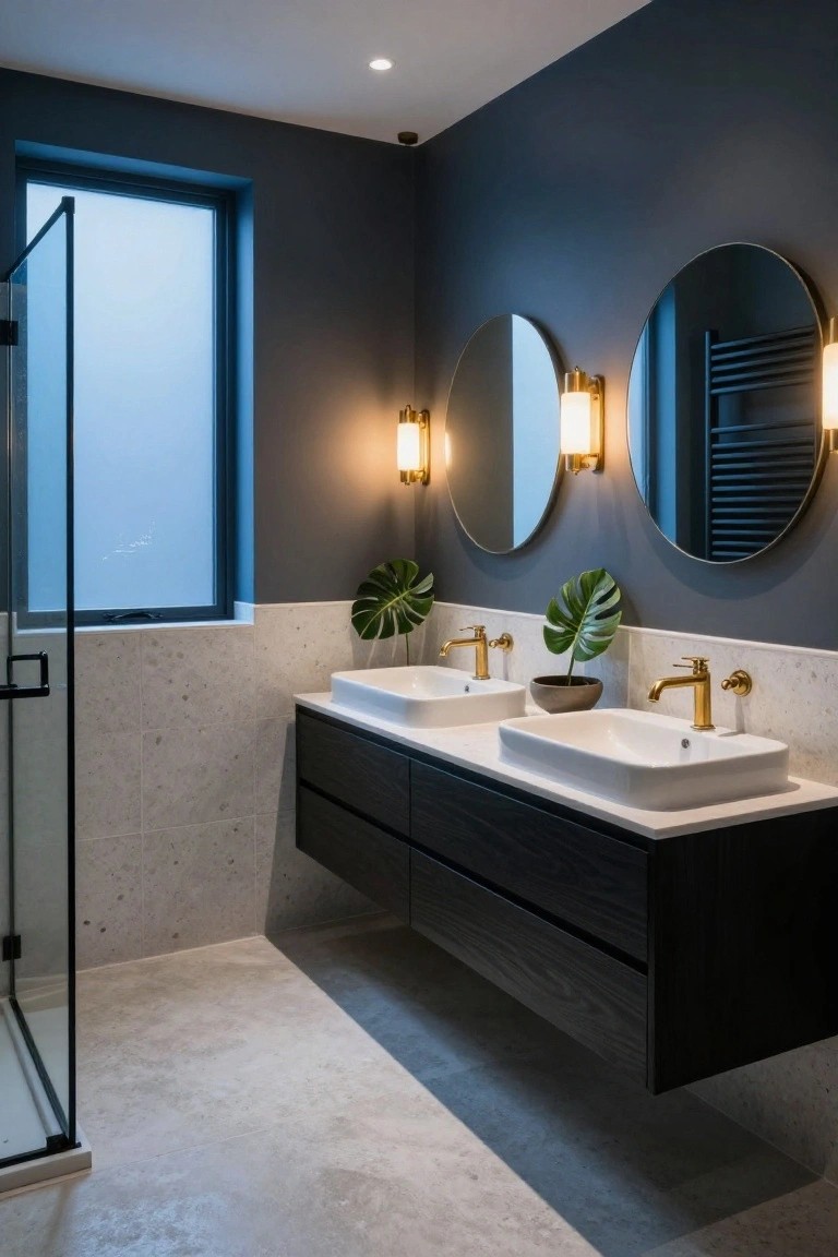 Deep navy walls in a modern bathroom with double sinks and gold fixtures.