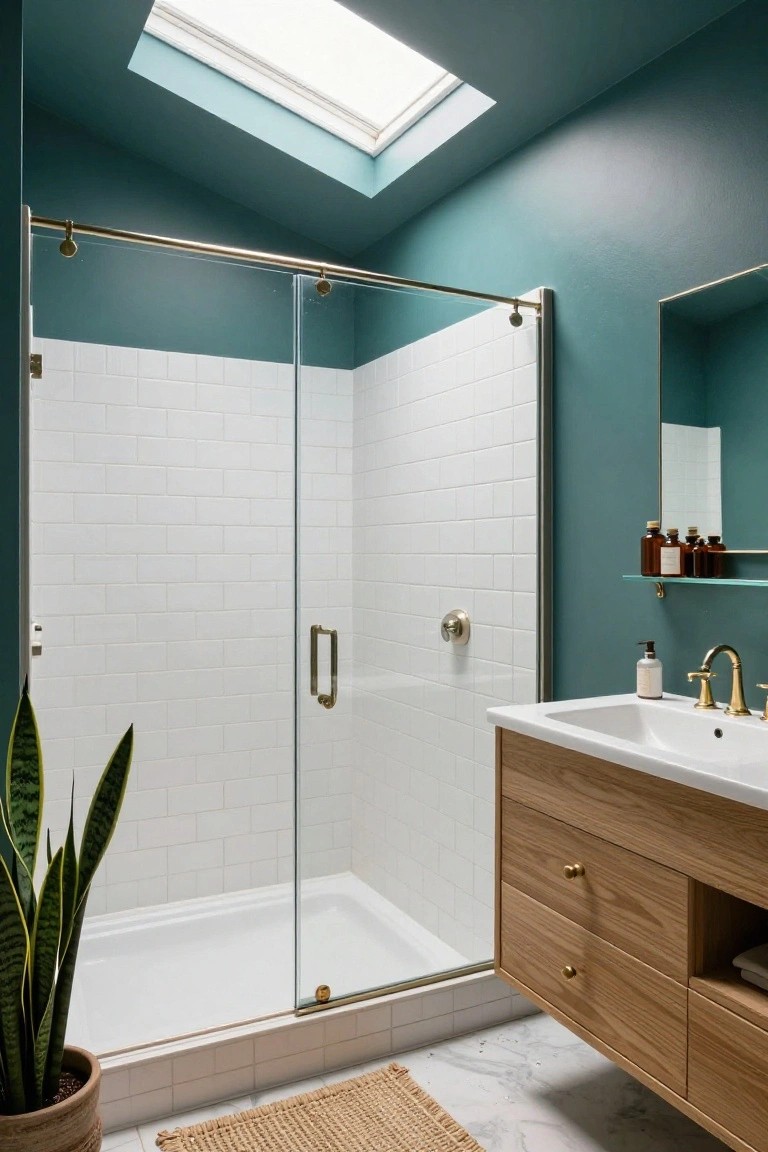 Teal walls in a modern bathroom with white tile shower and wood vanity
