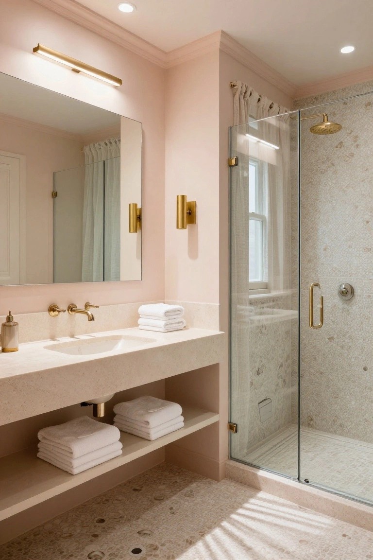 Pale blush pink walls in a spa-style bathroom with gold hardware and glass shower