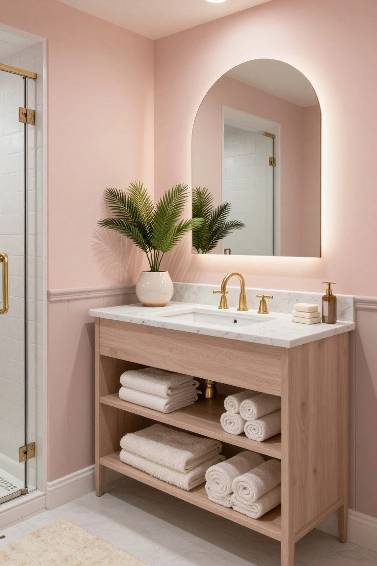Bathroom with soft pink walls, oak vanity, and gold faucet.