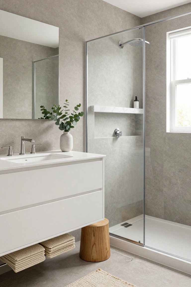 Light greige walls in a simple spa bathroom with glass shower and white vanity.