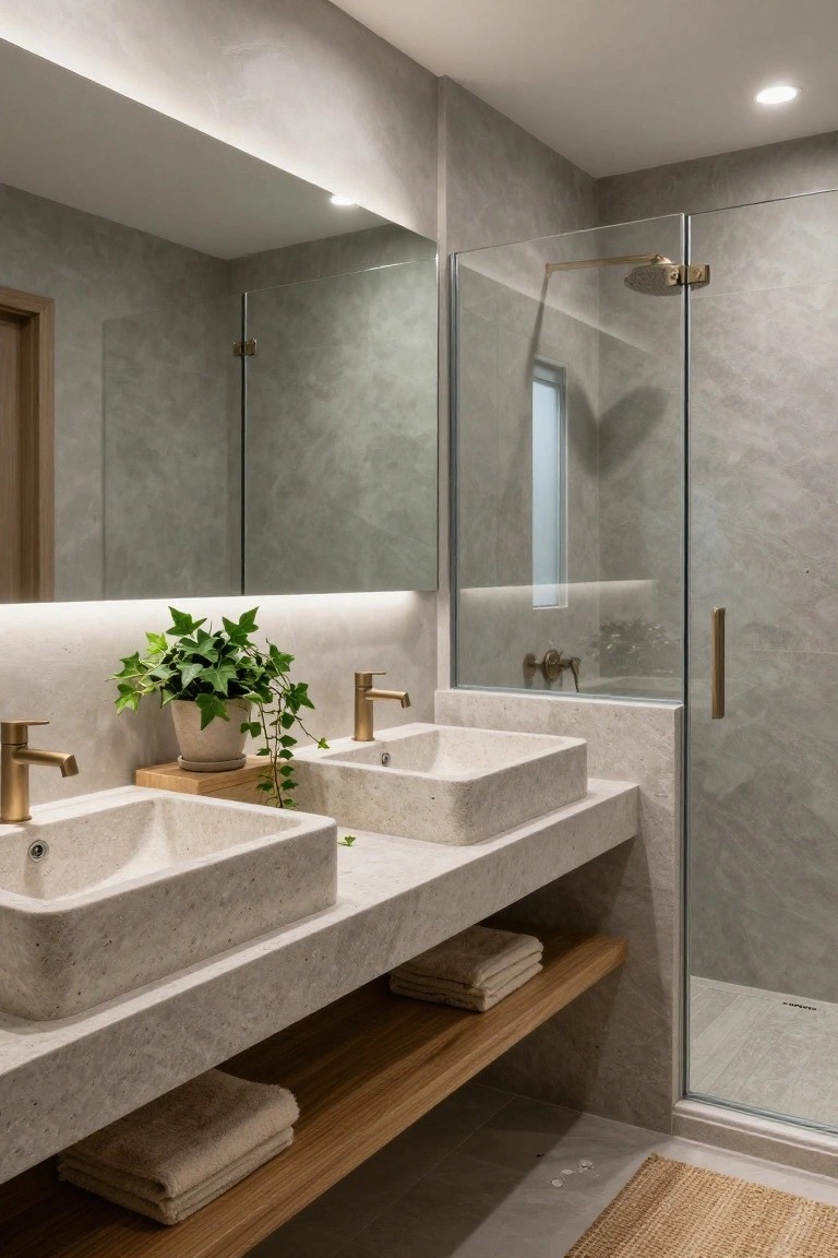 Bathroom with soft greige walls, stone sinks, brass faucets, and wood shelving.