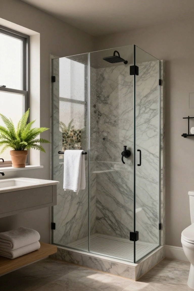 Soft greige walls surrounding a glass shower enclosure in a light bathroom