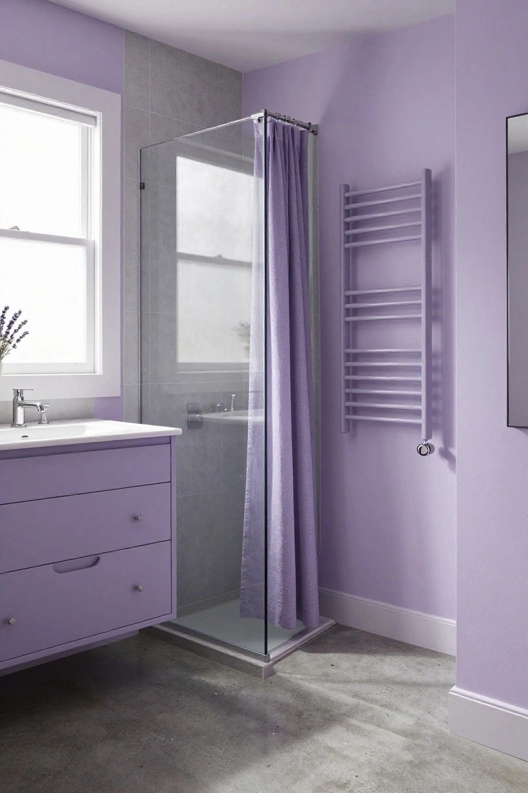 Soft lavender walls in a compact bathroom with purple vanity and glass shower.