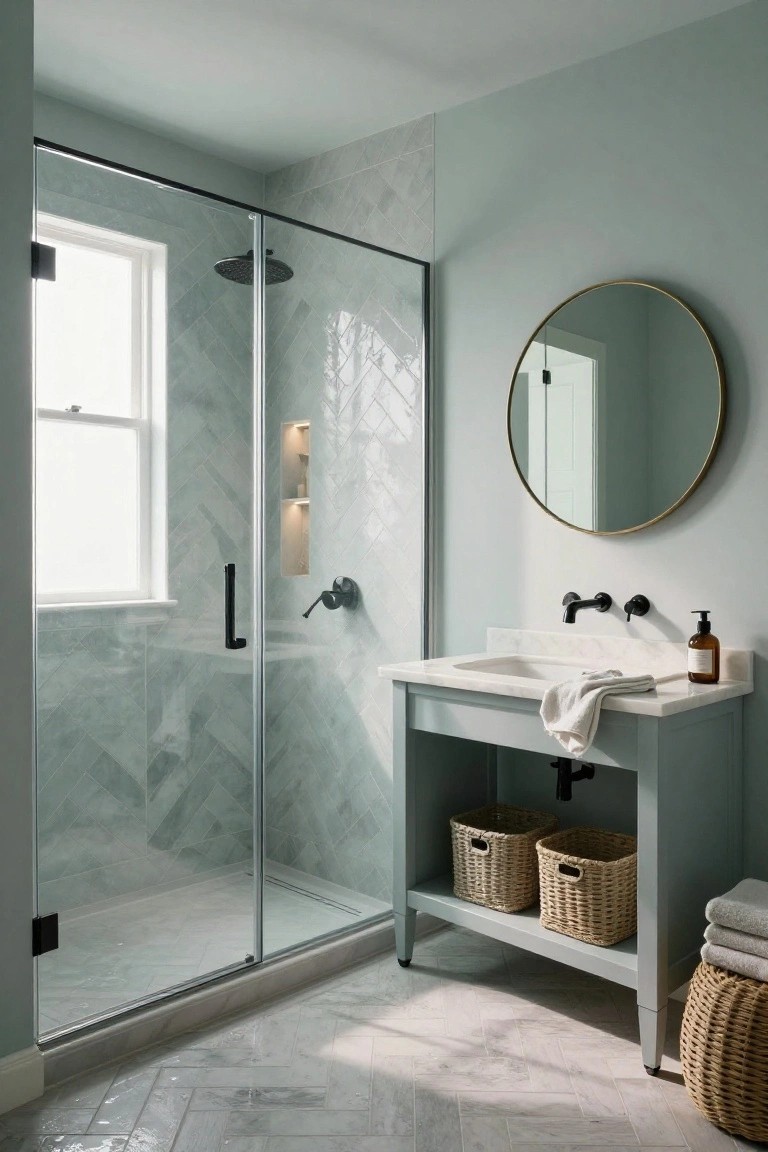Pale sage green walls surrounding a glass shower and gray vanity in a spa-style bathroom.