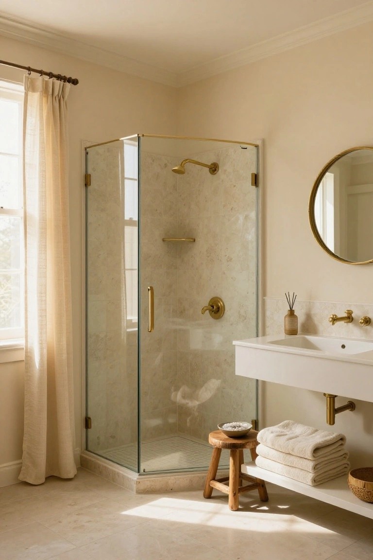 Bathroom with warm beige walls, glass shower enclosure, and brass fixtures.