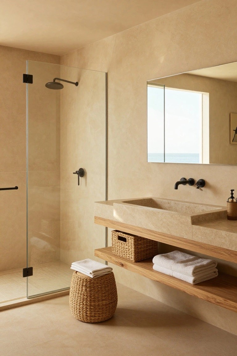 Warm beige walls in a spa bathroom with wood vanity and glass shower