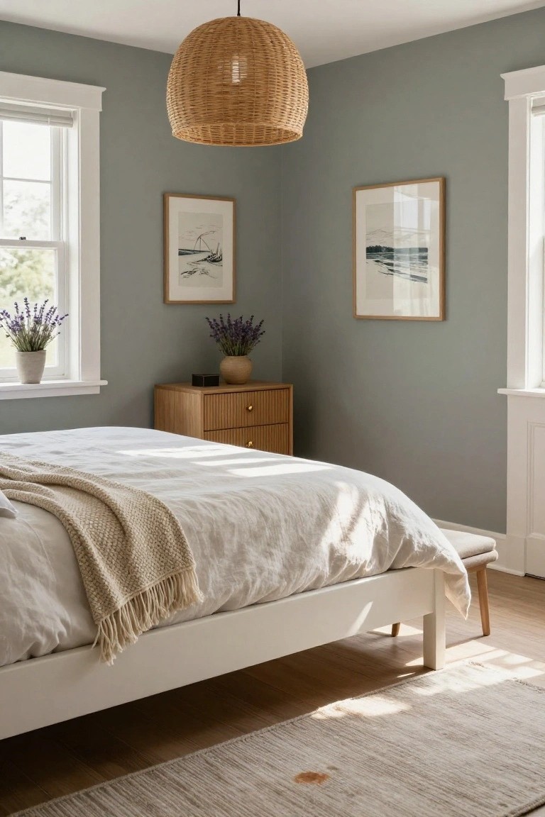 Bedroom with muted sage green walls, wood nightstand, and white trim by the windows.