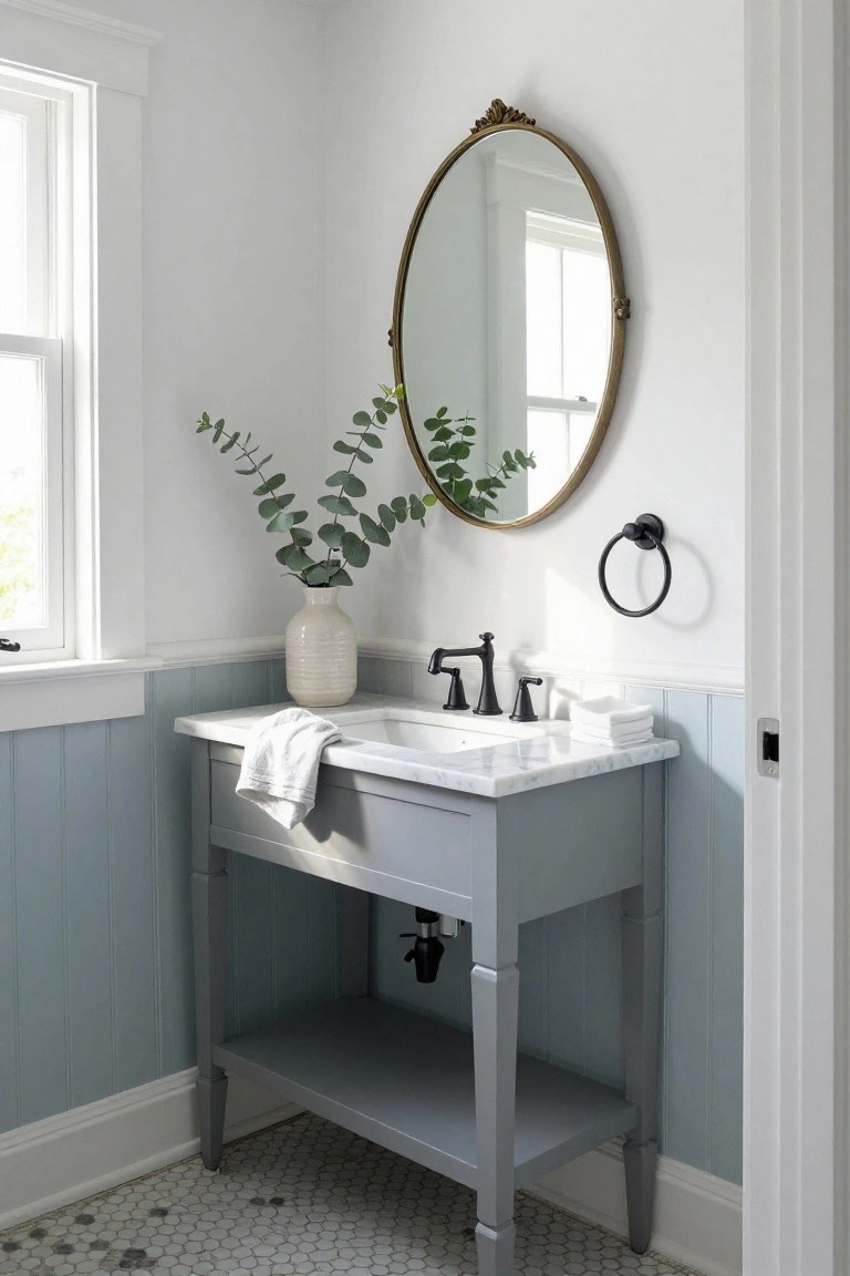 Pale blue wainscoting below white walls in a bright bathroom corner.