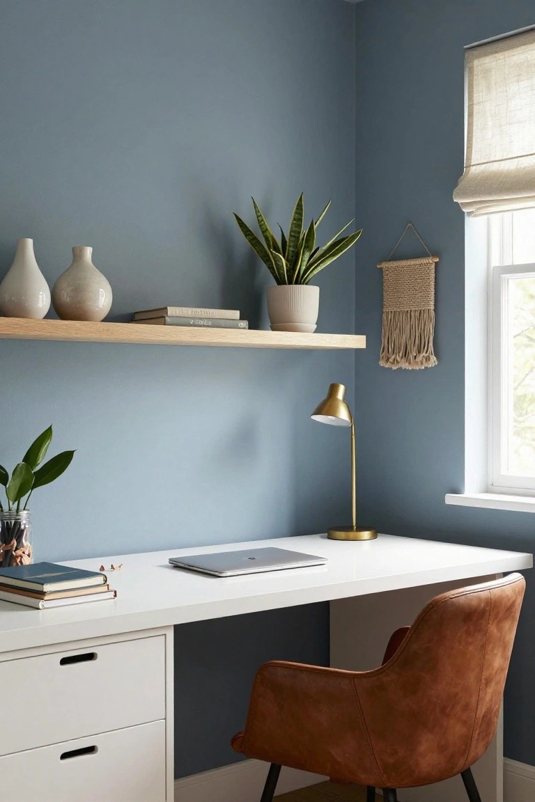 Blue-gray walls in a home office with floating shelves and a white desk
