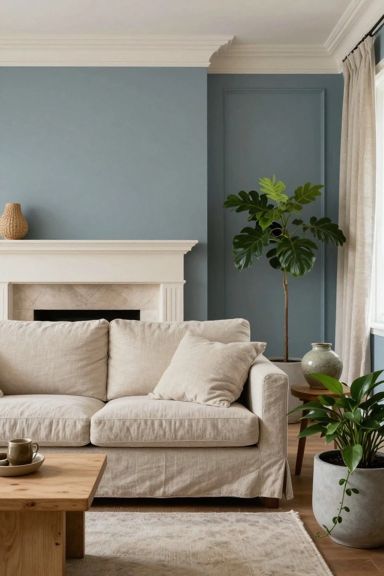 Living room with soft blue-gray walls, white fireplace, cream sofa, and wood coffee table.