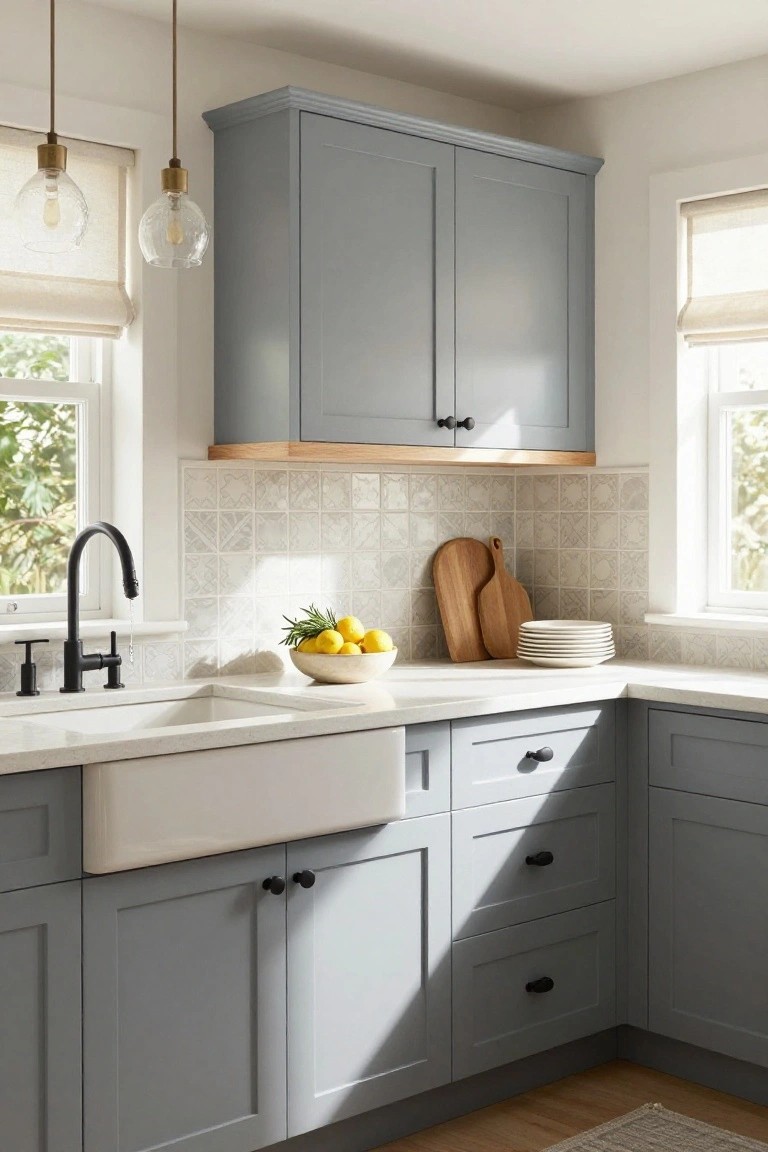 Kitchen cabinets painted in soft gray with white farmhouse sink and quartz counters