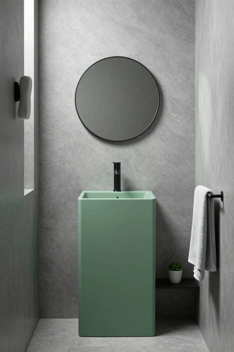Light gray walls in a minimalist spa bathroom with green sink and black faucet.