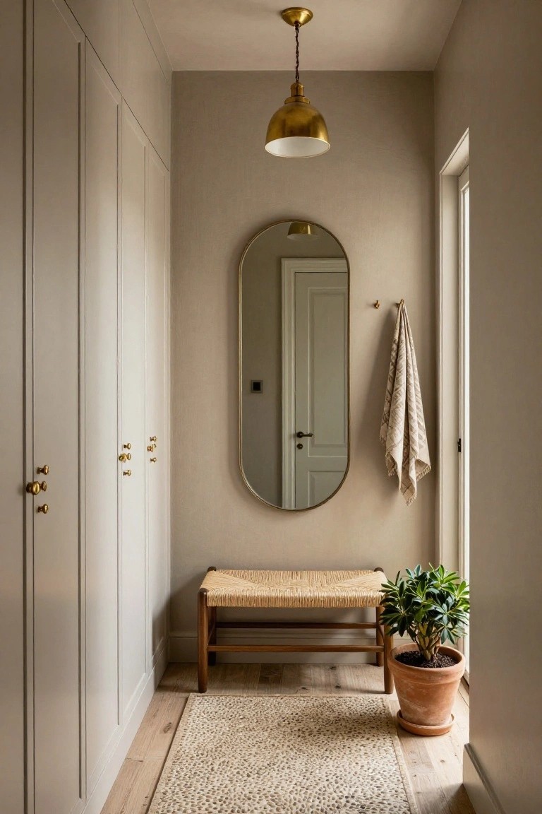 Walls and wardrobes in soft greige in a narrow interior hallway.