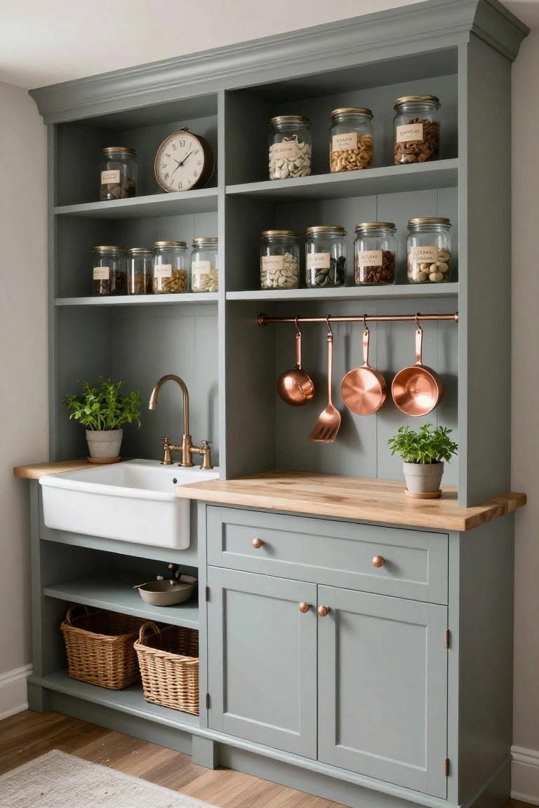 Pale grey painted built-in kitchen cabinetry with shelves and sink.