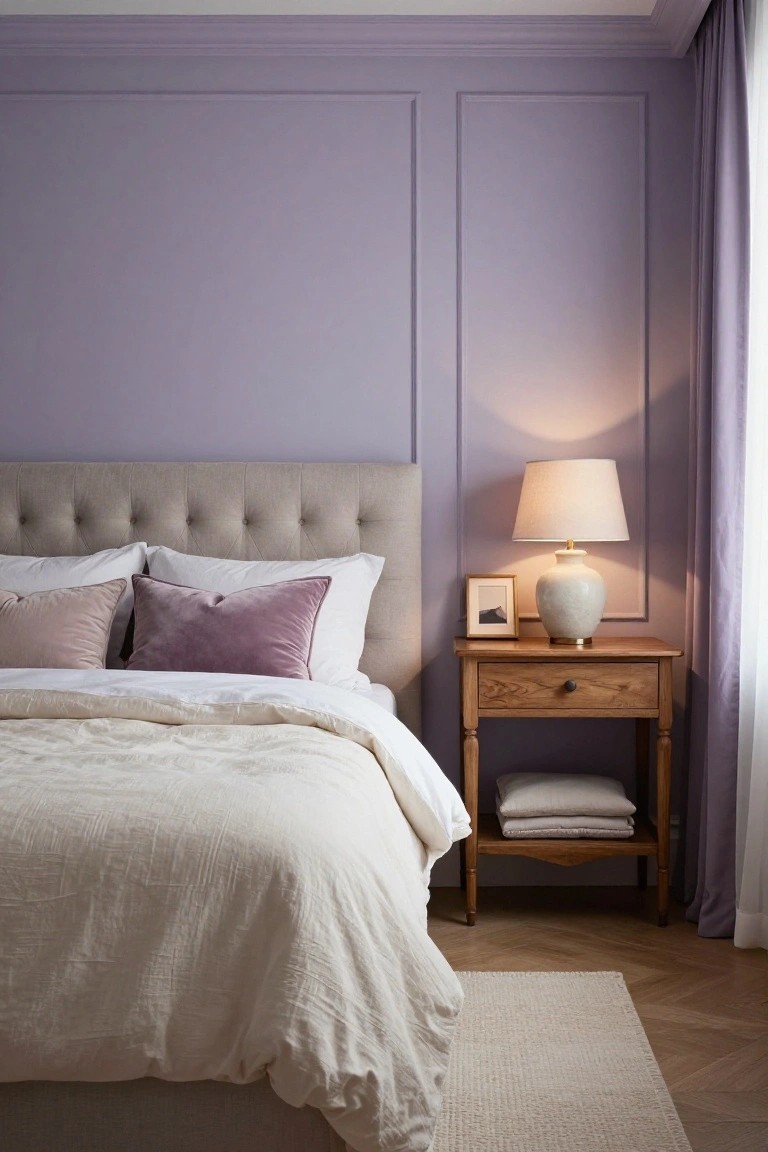 Bedroom interior with pale lavender walls, beige upholstered bedhead, and wooden nightstand.