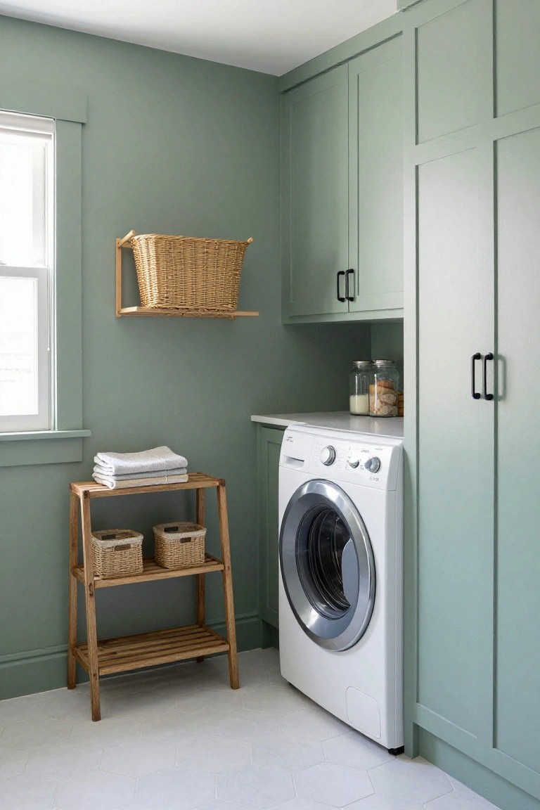 Sage green walls and cabinets surrounding a white washer in a laundry room.