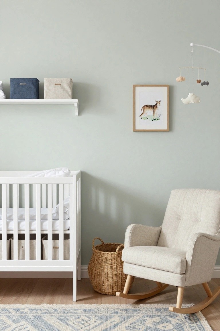 Pale sage green walls in a nursery with white crib and beige rocking chair