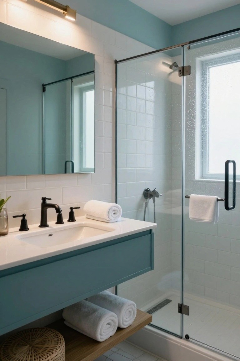 Teal painted vanity cabinet in a white-tiled bathroom with glass shower