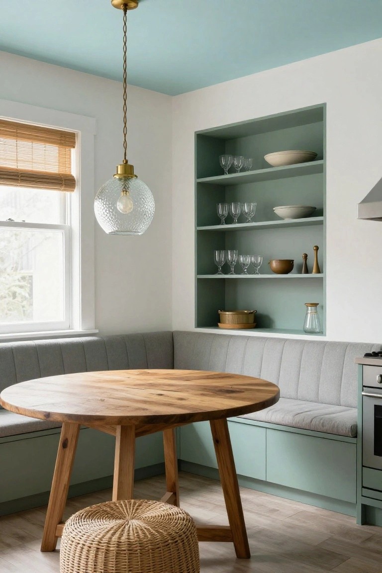 Kitchen nook with pale teal ceiling over gray booth seating and green cabinets.