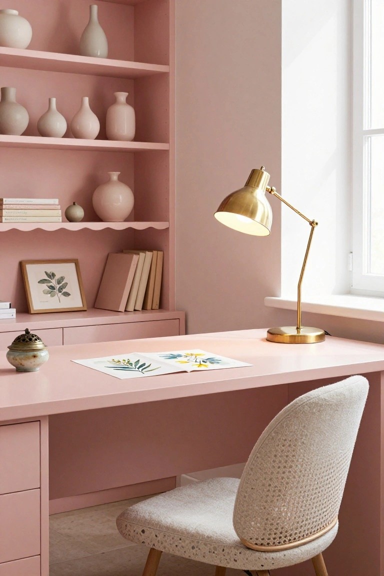 Blush pink home office with built-in shelves holding white ceramic vases and books, a gold desk lamp on a matching pink desk, framed leaf artwork, and a white textured chair.