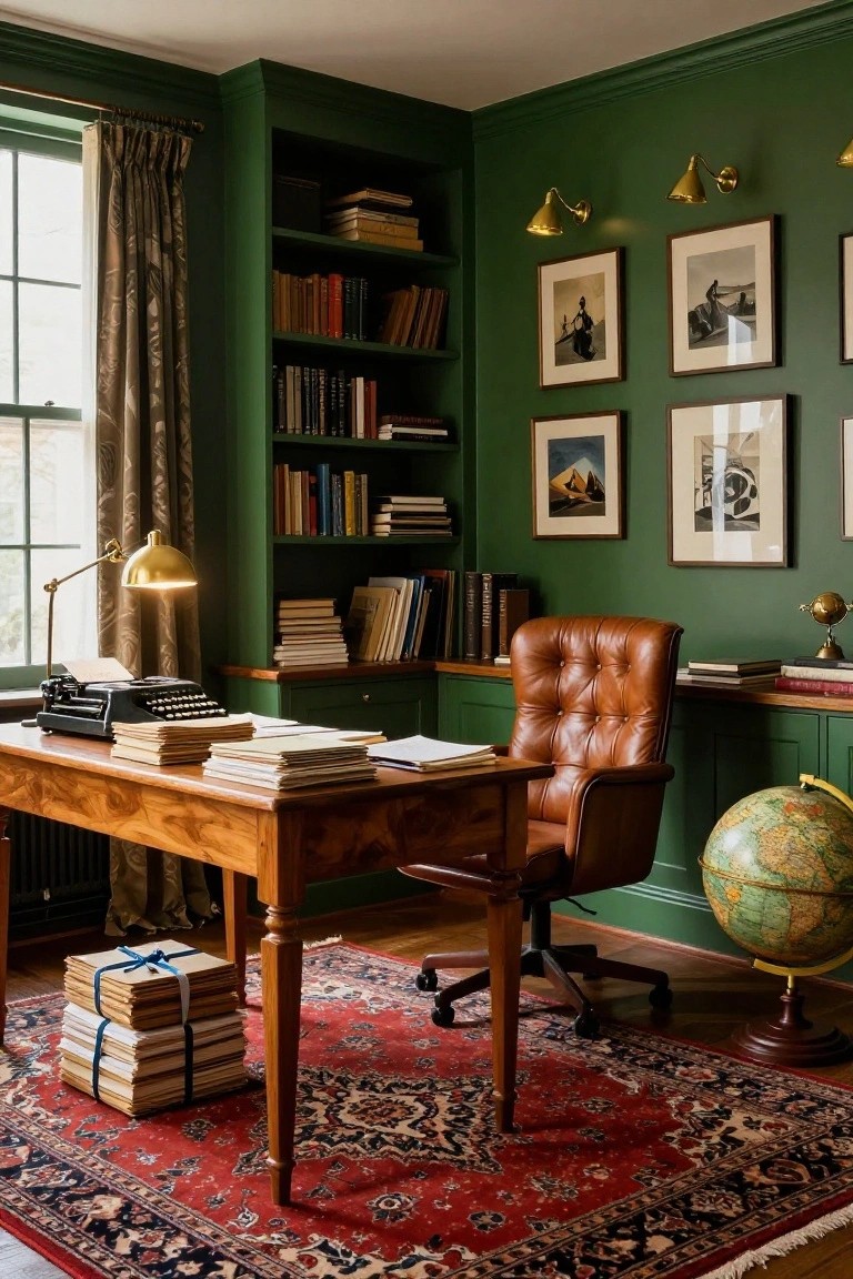 Emerald green paneled walls in a home office with built-in bookshelves, wooden desk topped with typewriter and stacked papers, tan leather armchair, globe on stand, Persian rug, and framed artwork.