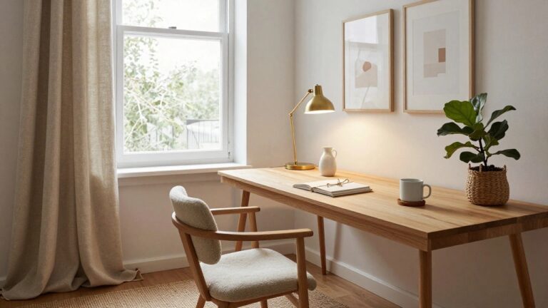 Wooden desk with open notebook, stacked books, brass adjustable lamp, white vase, mug, and sheepskin chair in a beige room with large window, sheer linen curtains, bookshelves, and fiddle leaf fig plant.