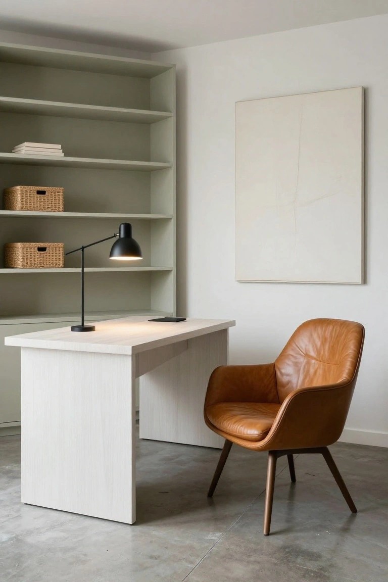 Modern home office interior featuring a white wooden desk with black desk lamp, orange leather armchair with wooden legs, sage green bookshelves with woven baskets, and a large white abstract painting on the wall over concrete flooring.