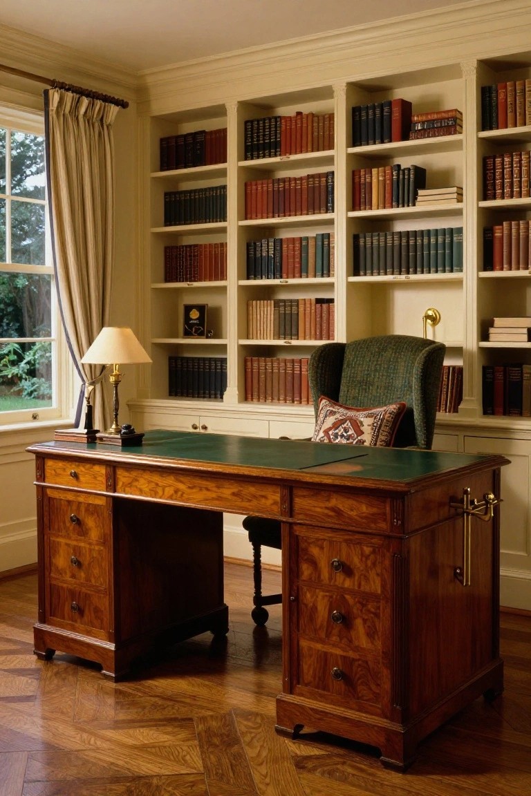 A polished wooden partners desk with green leather top and multiple drawers sits in front of built-in bookshelves in a light-filled office room with a green armchair, table lamp, and window draped in cream curtains.