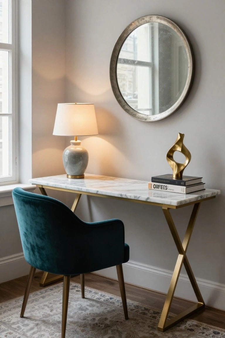 Home office corner with white marble-top desk on gold X-frame legs, teal velvet armchair, gray ceramic lamp, gold sculptural vase, stacked books, and round mirror on light gray wall beside window.