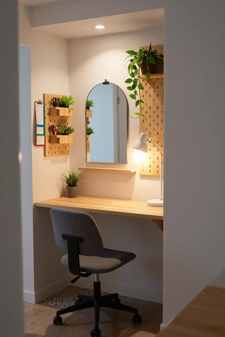 Compact indoor office nook with light wood desk, gray adjustable chair, round wall mirror, white gooseneck lamp, and pegboard wall with potted plants, tools, and organizers.