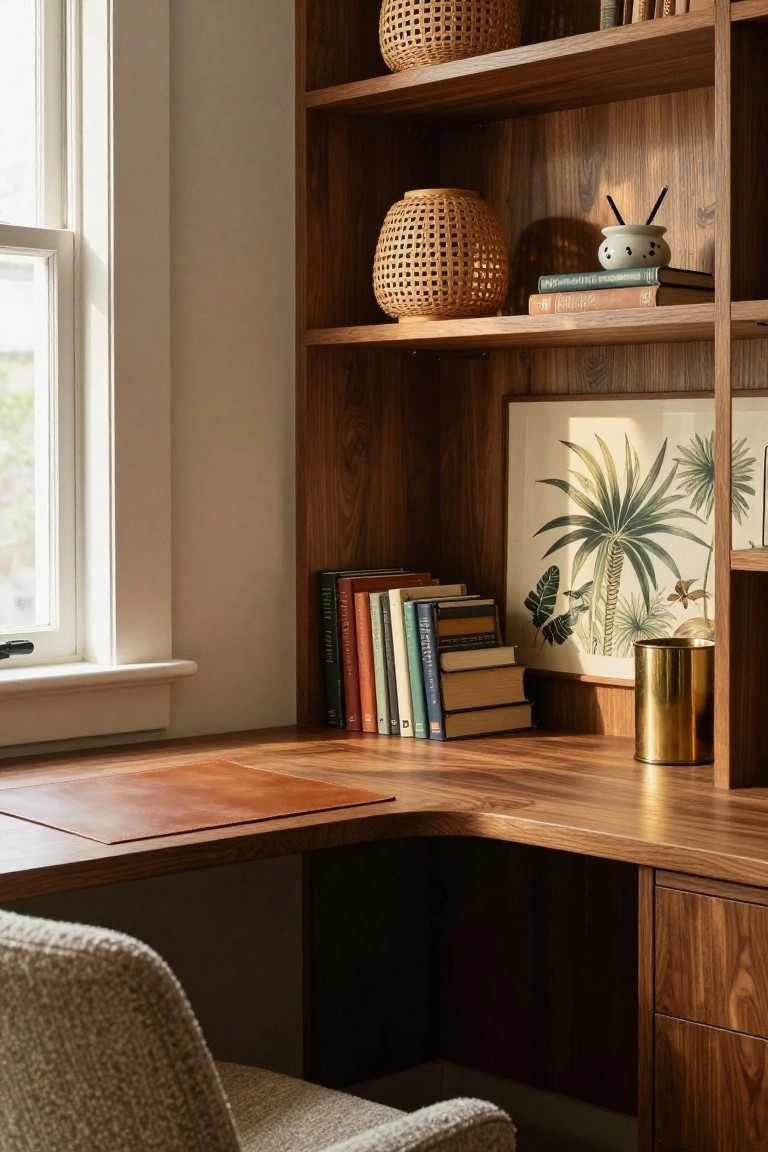 Wooden built-in bookshelves with rattan baskets, books, art, and a curved desk topped with a leather blotter, plus a cream chair in a sunlit home office corner.