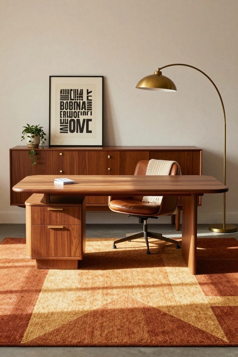 Home office with wooden desk, matching credenza, leather swivel chair with throw, potted plant, framed art, gold arc floor lamp, and geometric orange and tan rug on light floor.