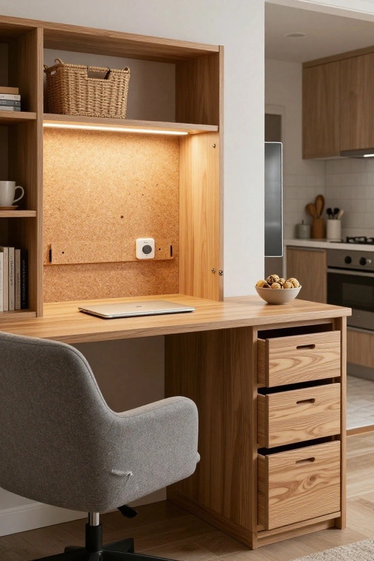 Wooden built-in desk with open shelves above a corkboard panel, laptop on the surface, drawers below, gray upholstered chair, and kitchen visible in background.