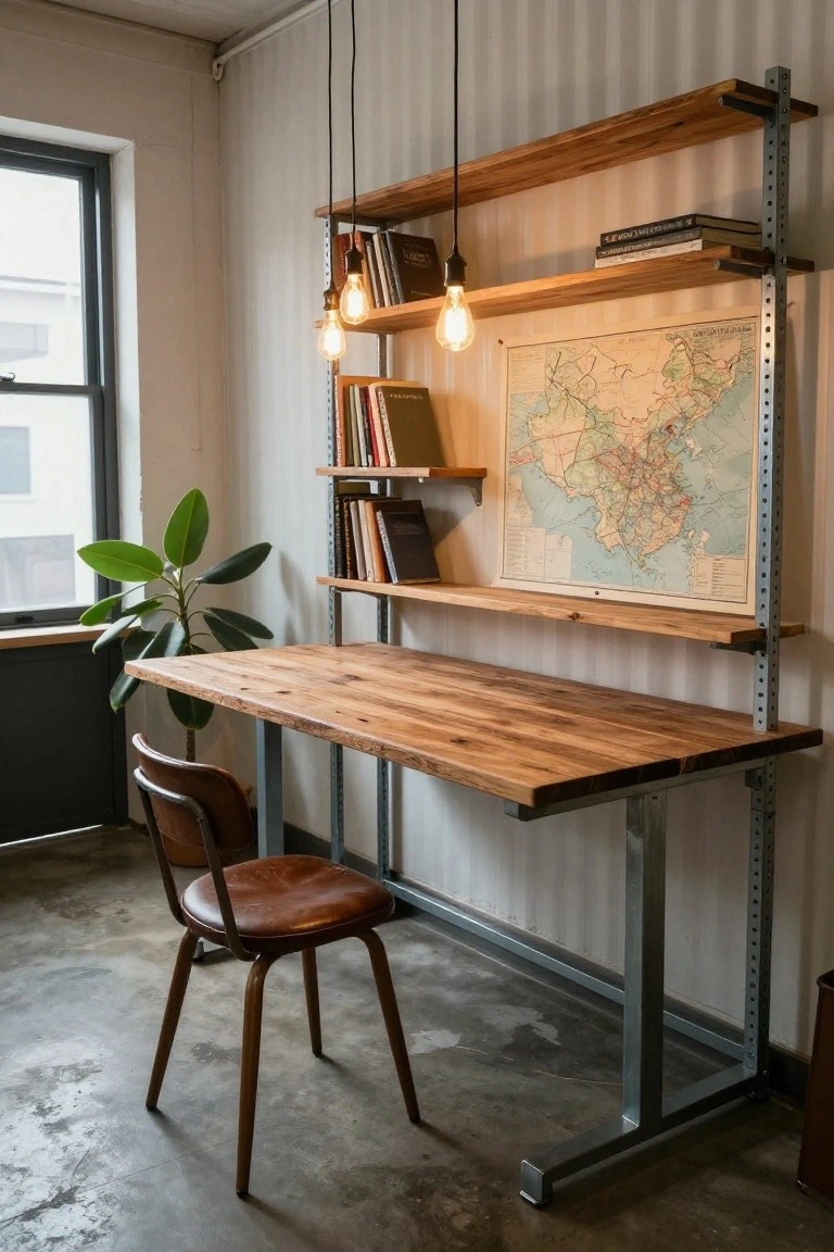Wooden desk integrated into a tall metal-frame shelving unit against a white striped wall in an office, with books, a vintage map of Asia, potted plant, leather chair, and hanging Edison bulb lights.