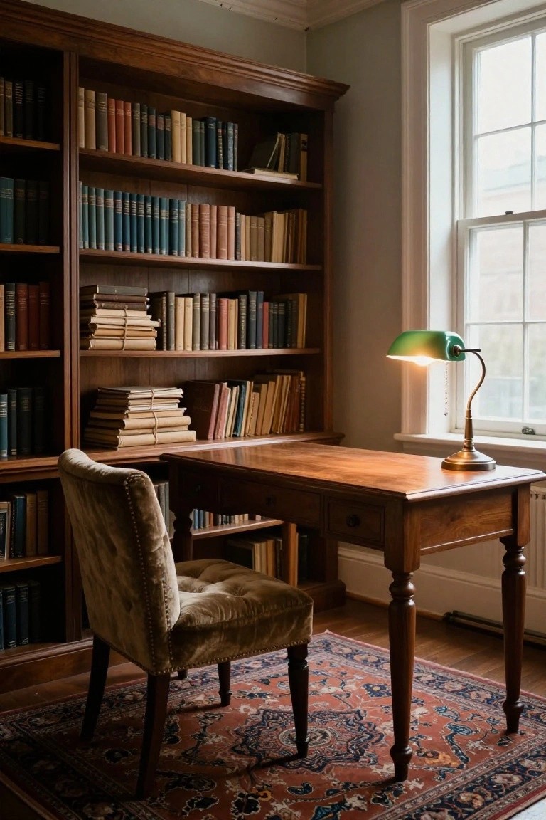 Wooden bookshelves filled with books line the walls of a study around a wooden desk with green banker's lamp, tufted upholstered chair, and patterned rug on the floor.