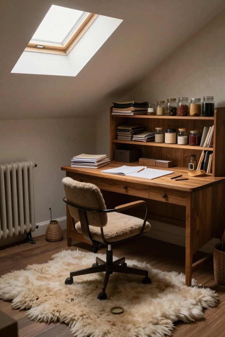 Attic home office featuring a wooden desk with hutch shelves stocked with glass jars, books, and papers, a beige upholstered swivel chair on a white sheepskin rug, radiator, skylight, and neutral walls.