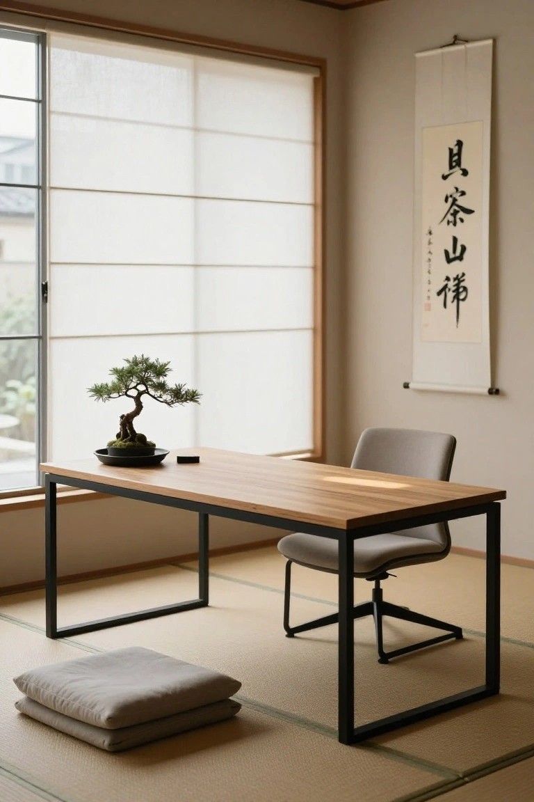 Japanese-style home office interior with black metal-framed wooden desk holding a potted bonsai tree, grey swivel chair, shoji screen windows, hanging calligraphy scroll, and stacked zabuton cushions on tatami floor.