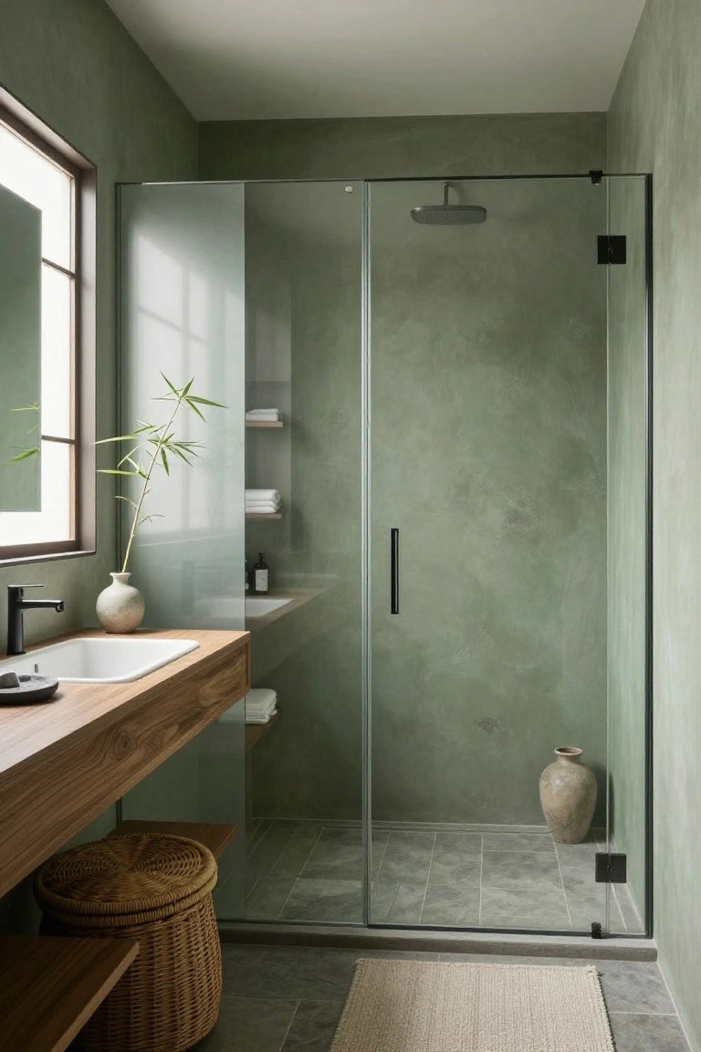Bathroom walls in muted sage green with wooden vanity and glass shower.