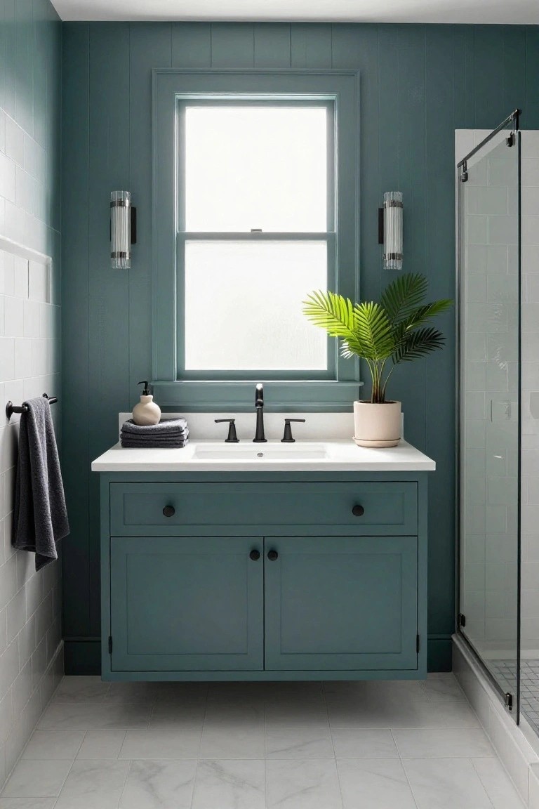 Bathroom featuring muted teal walls and floating vanity with white tile and marble flooring.