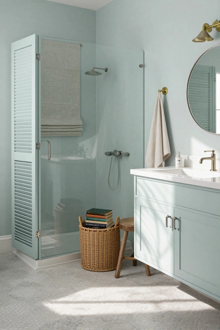 Pale blue-green painted walls and cabinets in a compact bathroom with glass shower enclosure