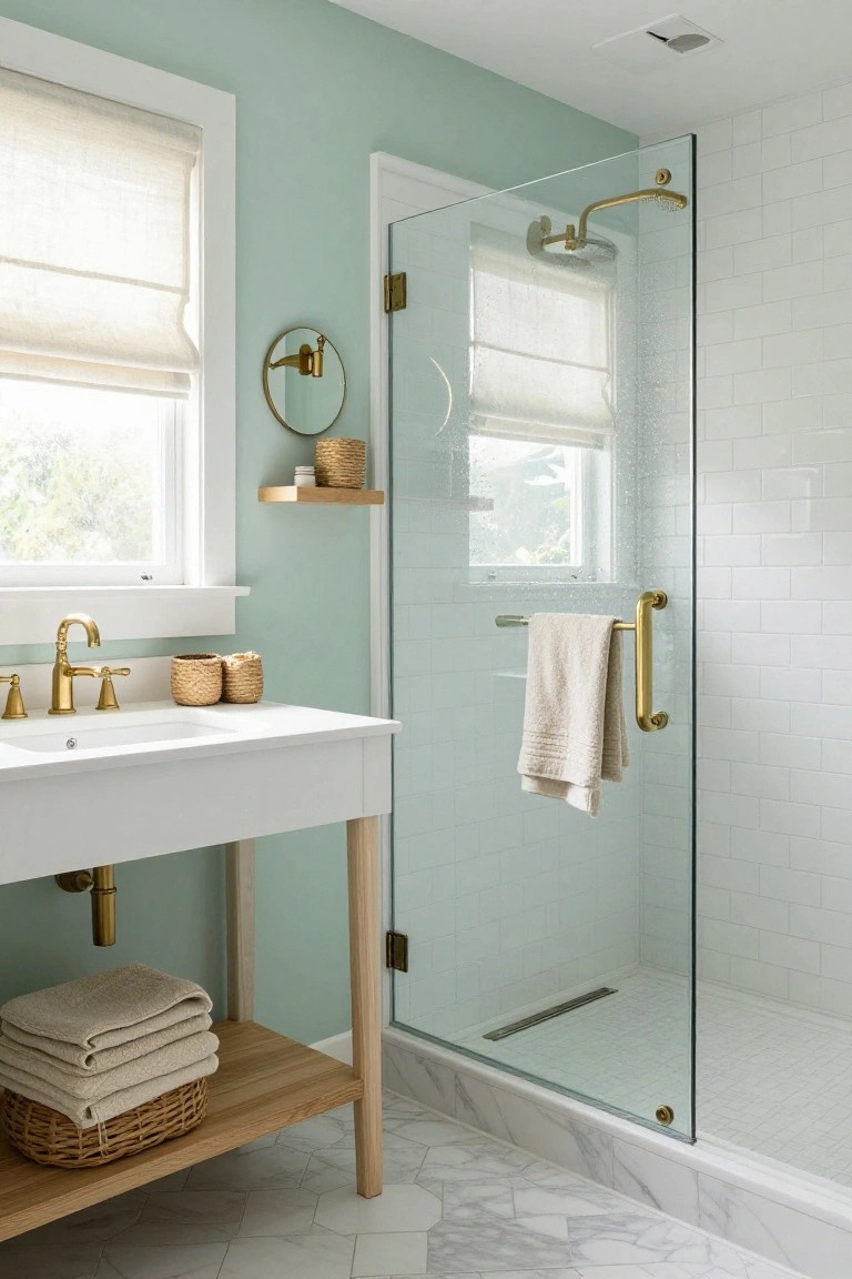 Pale seafoam green walls in a bathroom with white vanity, glass shower, and brass fixtures.